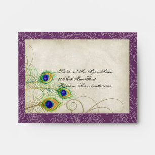 Peacock Feathers Deep Purple Wedding RSVP Response Envelopes