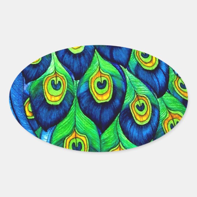 Peacock Feathers Design Oval Sticker (Front)