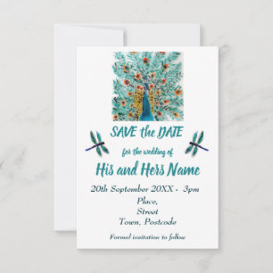 Peacock Feathers Dragonfly Turquoise Save the Date