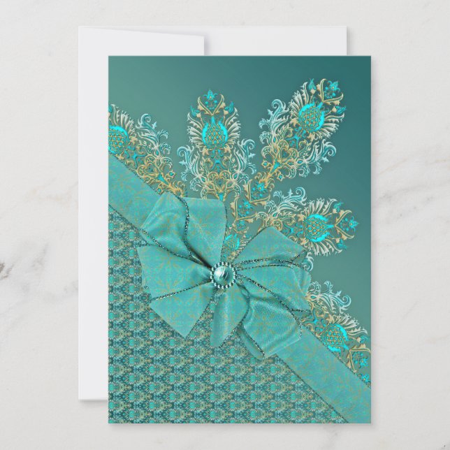 Peacock feathers elegant damask invitation (Front)