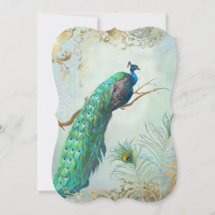 Peacock Feathers Elegant Gold Aqua Blue Wedding Invitation