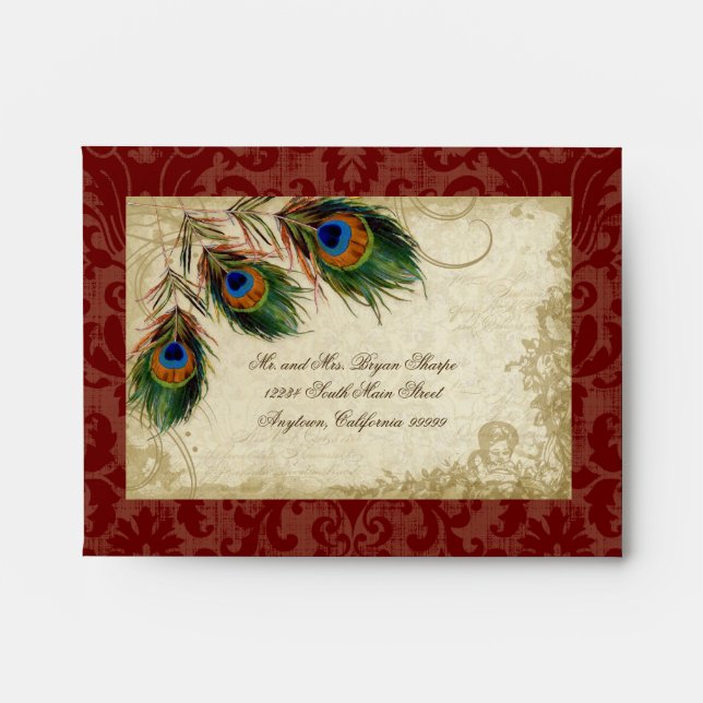 Peacock & Feathers Elegant Matching Wedding Set Envelopes (Front)