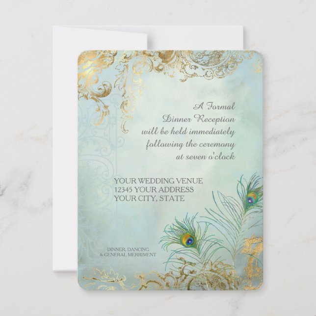 Peacock Feathers Elegant Wedding Dinner Reception  Invitation (Front)