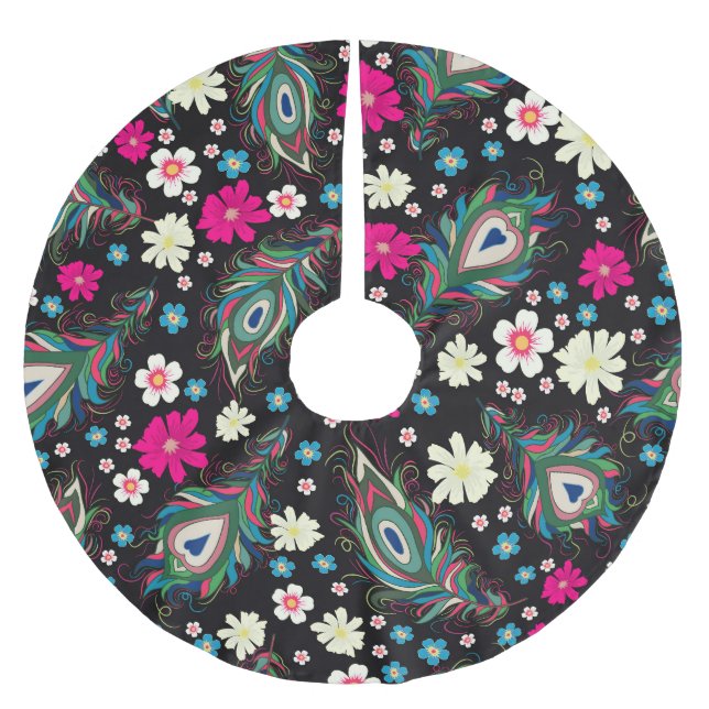 Peacock Feathers Embroidery Seamless Pattern Brushed Polyester Tree Skirt (Front)