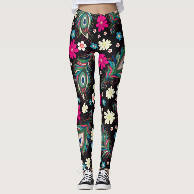Peacock Feathers Embroidery Seamless Pattern Leggings (Front)