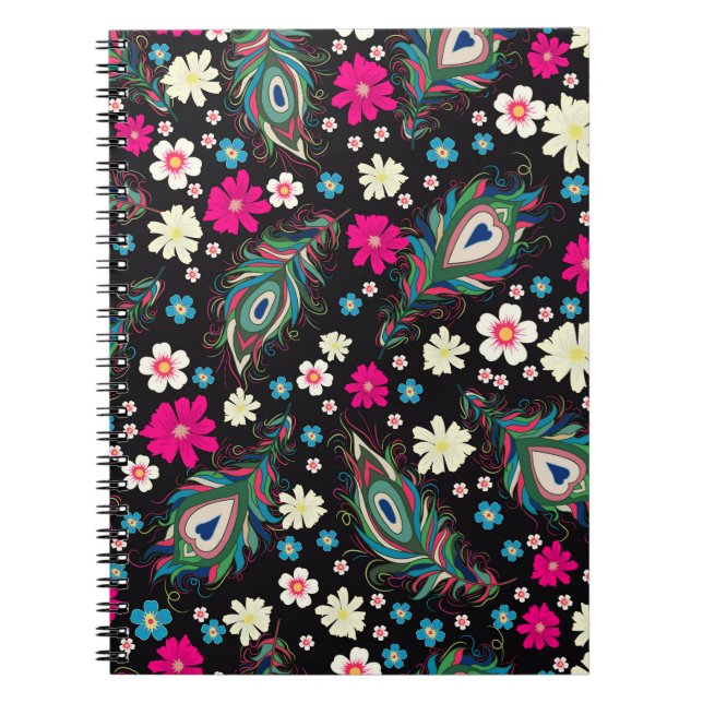 Peacock Feathers Embroidery Seamless Pattern Notebook (Front)