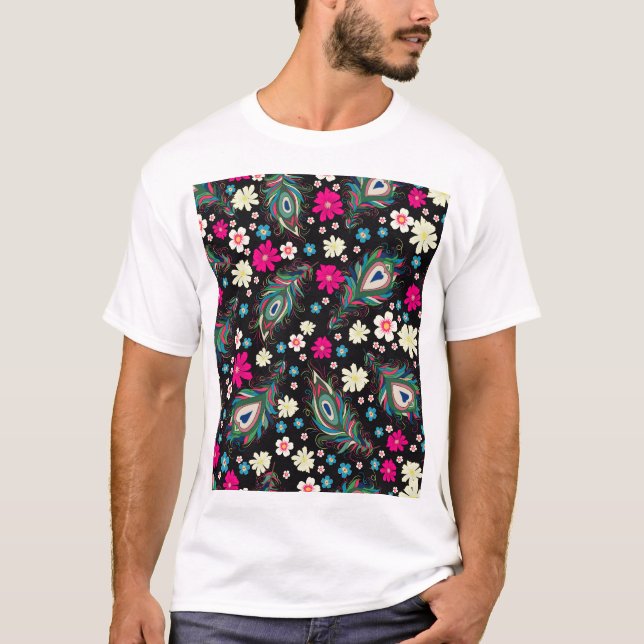 Peacock Feathers Embroidery Seamless Pattern T-Shirt (Front)