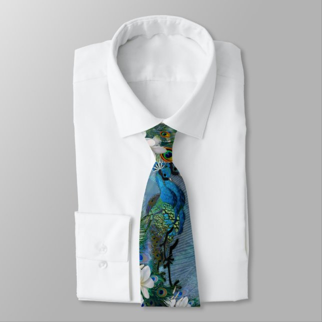 Peacock Feathers & Emerald Green Metallic Silk  Tie (Tied)