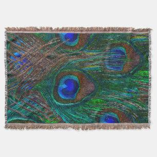 Peacock Feathers Etching Style Throw Blanket