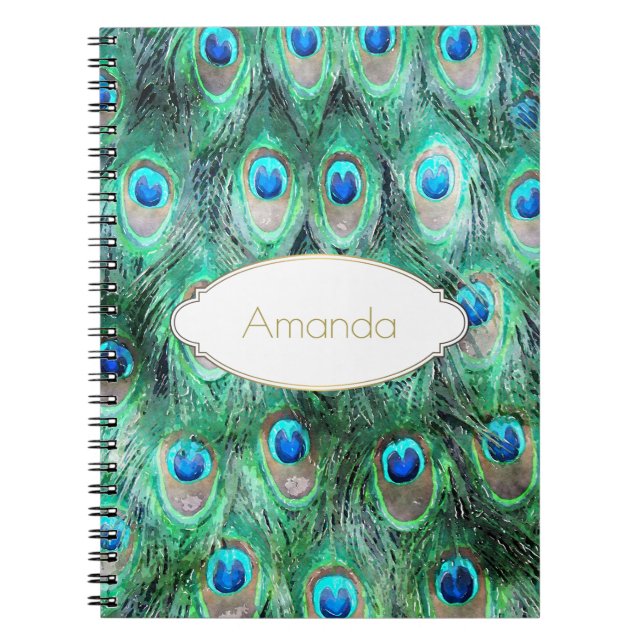 Peacock Feathers Exotic Wild Watercolor Pattern Notebook (Front)