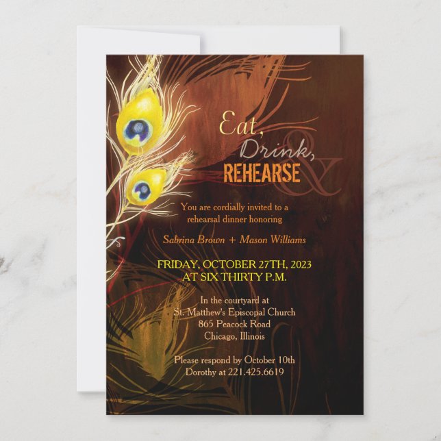 Peacock Feathers Fall Wedding Rehearsal Dinner Invitation (Front)
