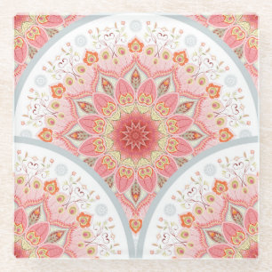 Peacock Feathers, Floral Round Ornament. Glass Coaster