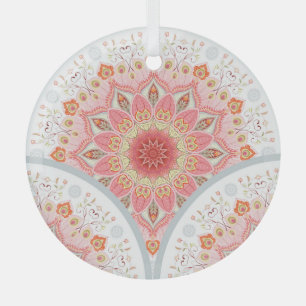 Peacock Feathers, Floral Round Ornament. Glass Tree Decoration