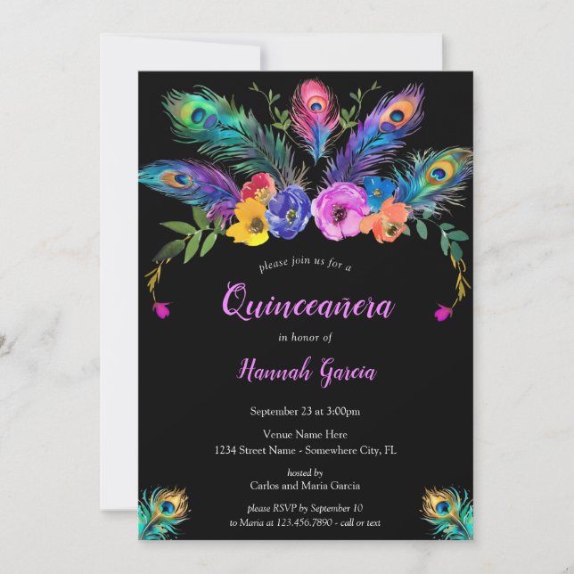 Peacock Feathers & Flowers Black Quinceañera Invitation (Front)