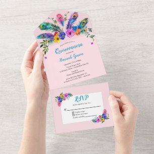 Peacock Feathers & Flowers Blush Pink Quinceañera All In One Invitation