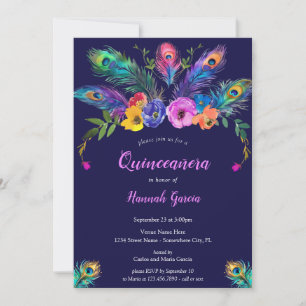 Peacock Feathers & Flowers Purple Quinceañera Invitation