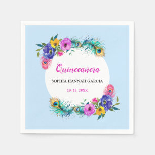 Peacock Feathers & Flowers Quinceañera Baby Blue Napkin