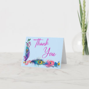 Peacock Feathers & Flowers Quinceañera Baby Blue Thank You Card