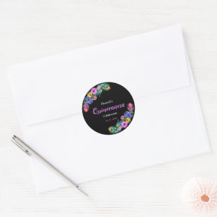 Peacock Feathers & Flowers Quinceañera Black Classic Round Sticker