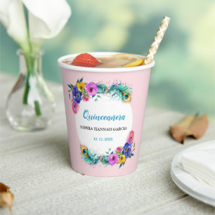 Peacock Feathers & Flowers Quinceañera Blush Pink Paper Cups