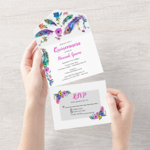 Peacock Feathers & Flowers Quinceañera Budget All In One Invitation