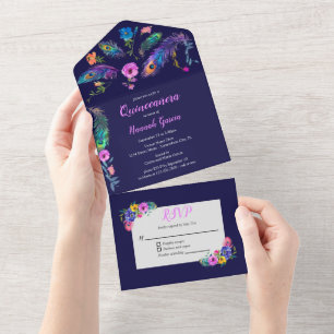 Peacock Feathers & Flowers Quinceañera Dark Purple All In One Invitation