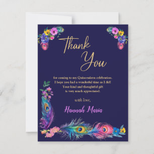 Peacock Feathers & Flowers Quinceañera Purple Flat Thank You Card