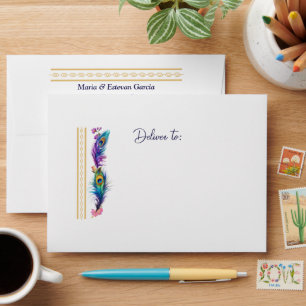 Peacock Feathers Flowers Quinceañera Purple Inside Envelope