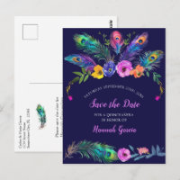 Peacock Feathers & Flowers Quinceañera Save Date