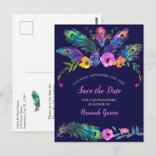 Peacock Feathers & Flowers Quinceañera Save Date Postcard