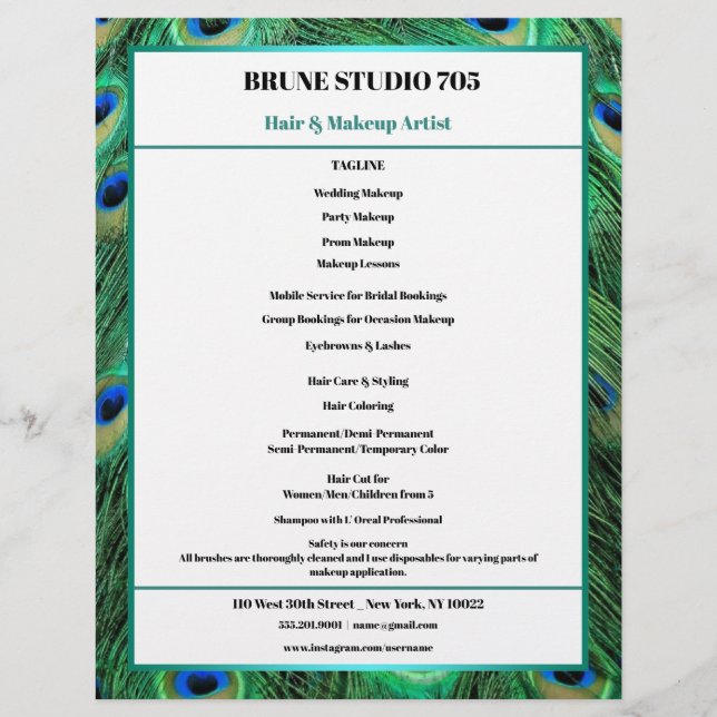 Peacock Feathers for Makeup & Hair Salon Flyer (Front)