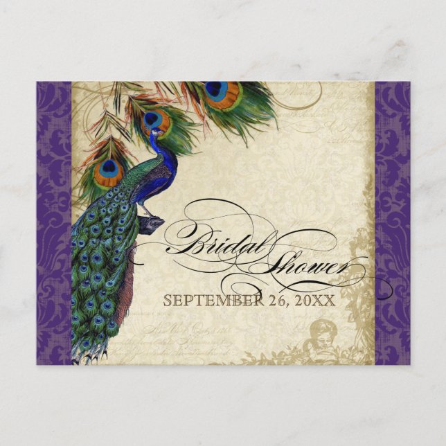 Peacock & Feathers Formal Bridal Shower Purple Invitation Postcard (Front)