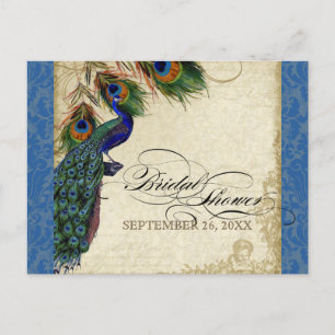Peacock & Feathers Formal Bridal Shower Royal Blue Invitation Postcard