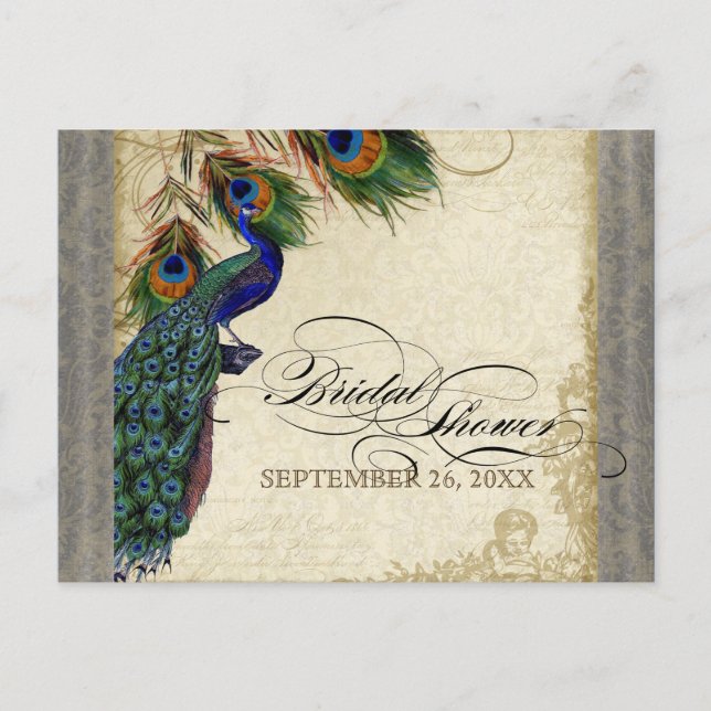 Peacock & Feathers Formal Bridal Shower Silver Invitation Postcard (Front)