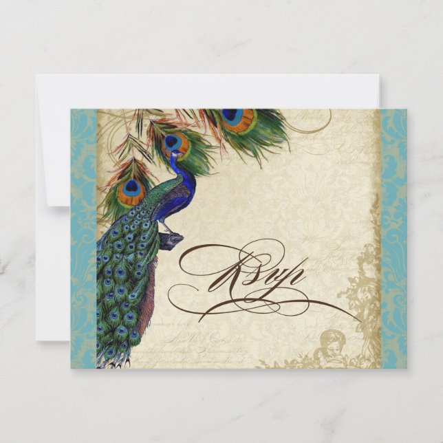 Peacock & Feathers Formal RSVP Response Aqua Blue (Front)