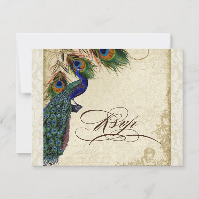Peacock & Feathers Formal RSVP Response Cream (Front)