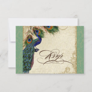 Peacock & Feathers Formal RSVP Response Green Tan