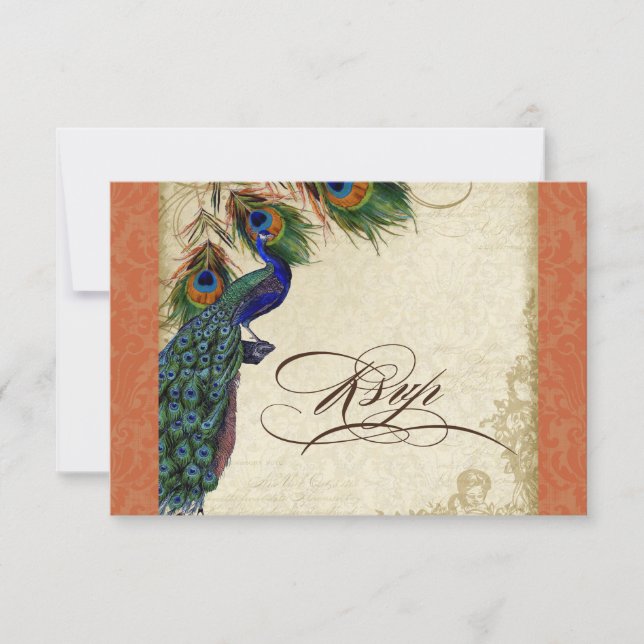 Peacock & Feathers Formal RSVP Response Orange (Front)