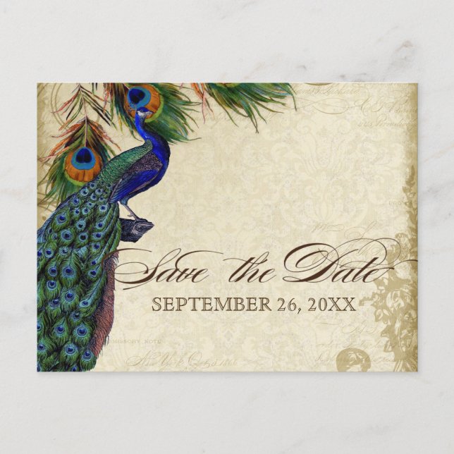Peacock & Feathers Formal Save the Date Aqua Blue Announcement Postcard (Front)