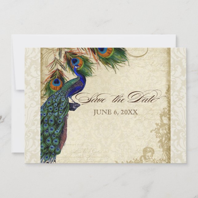 Peacock & Feathers Formal Save the Date Cream Invitation (Front)