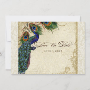 Peacock & Feathers Formal Save the Date Cream Invitation
