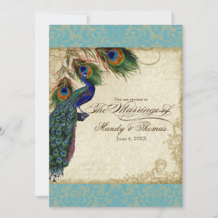Peacock & Feathers Formal Wedding Invite Aqua Blue