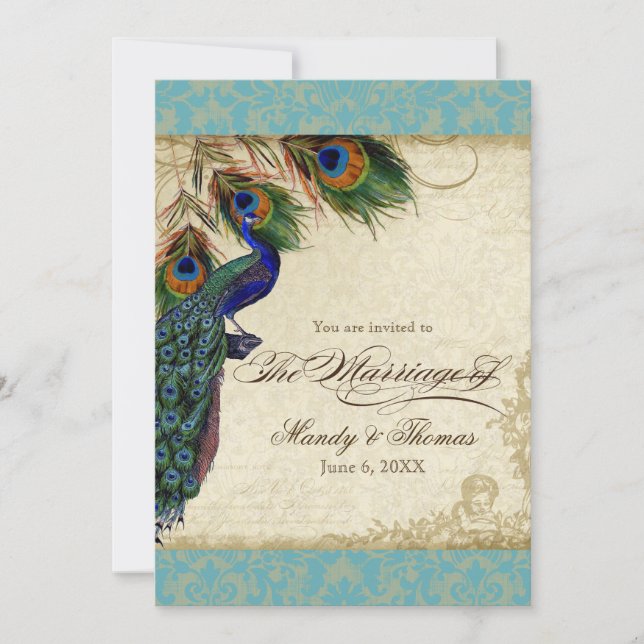 Peacock & Feathers Formal Wedding Invite Aqua Blue (Front)
