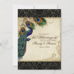 Peacock & Feathers Formal Wedding Invite Black
