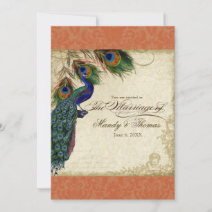 Peacock & Feathers Formal Wedding Invite Orange