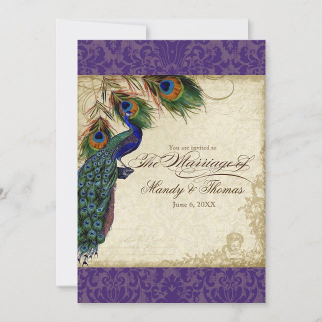 Peacock & Feathers Formal Wedding Invite Purple (Front)
