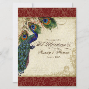Peacock & Feathers Formal Wedding Invite Red