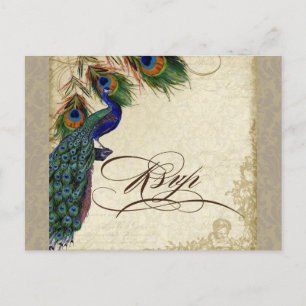 Peacock & Feathers Formal Wedding RSVP Response Invitation Postcard