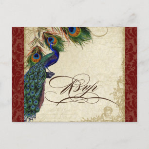 Peacock & Feathers Formal Wedding RSVP Response Invitation Postcard
