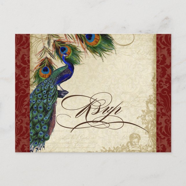 Peacock & Feathers Formal Wedding RSVP Response Invitation Postcard (Front)